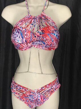New Multi colored strappy  halter top ( with push up pads) w/ Semi full strappy